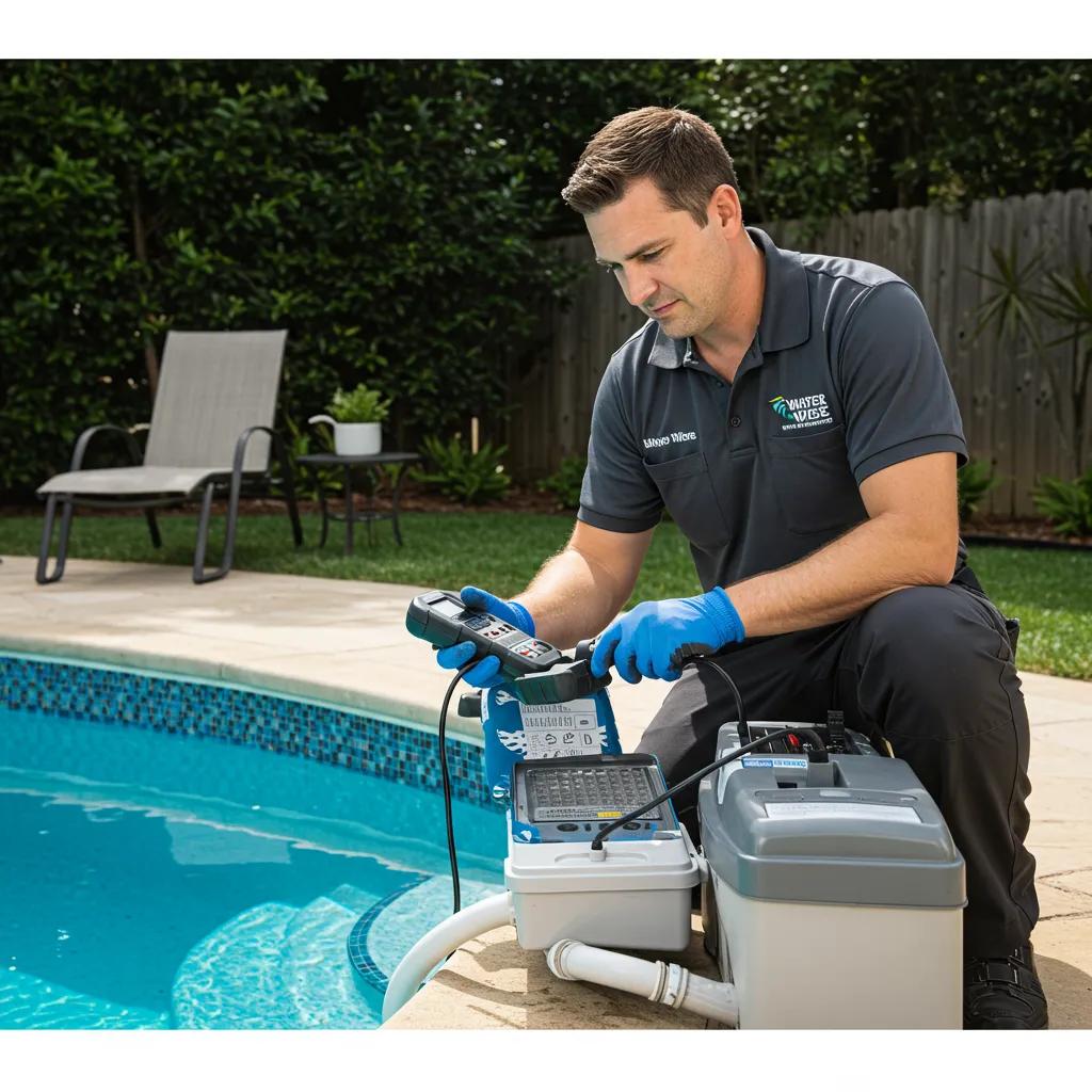 Water Wise technician servicing a saltwater pool system, demonstrating local expertise and professionalism
