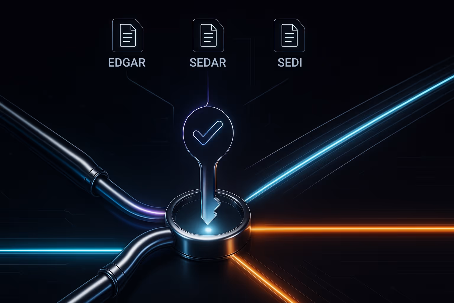 Stylized illustration showing glowing data pipelines labeled EDGAR, SEDAR, and SEDI merging into a central key-shaped node, representing Accreditex’s real-time integration of global regulatory filings into a unified system.