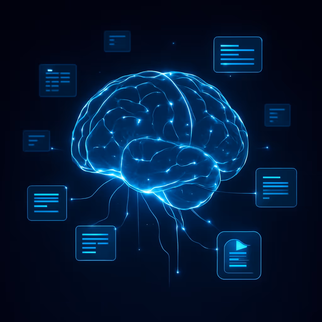 A glowing brain surrounded by floating documents, representing Insight Engine’s ability to interpret complex relationships and summarize filings instantly with AI.
