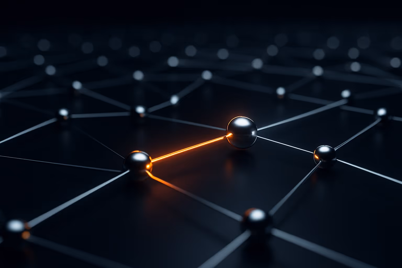 A connected network of glowing nodes with one node lit in orange, showing how a single connection can unlock a full behavioral profile and context.
