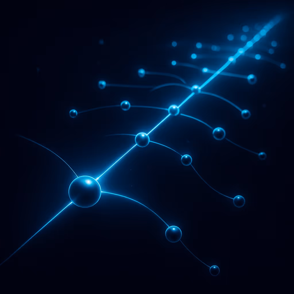 A glowing data stream with connected orbs symbolizes timeline-based tracking of insider movements, role changes, and reappearances across entities.