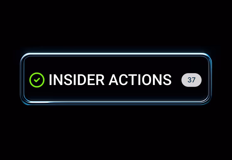 Interface element highlighting “Insider Actions” with a glowing button and counter, symbolizing quick filtering for insider activity like trades or splits.