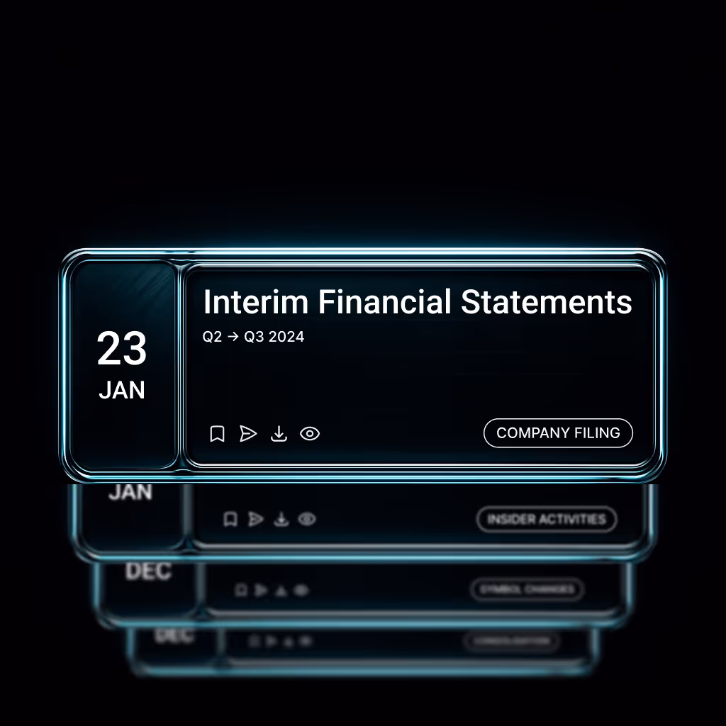 Futuristic timeline interface displaying market events like interim financial statements, shown as glowing, stacked cards sorted by month and date.