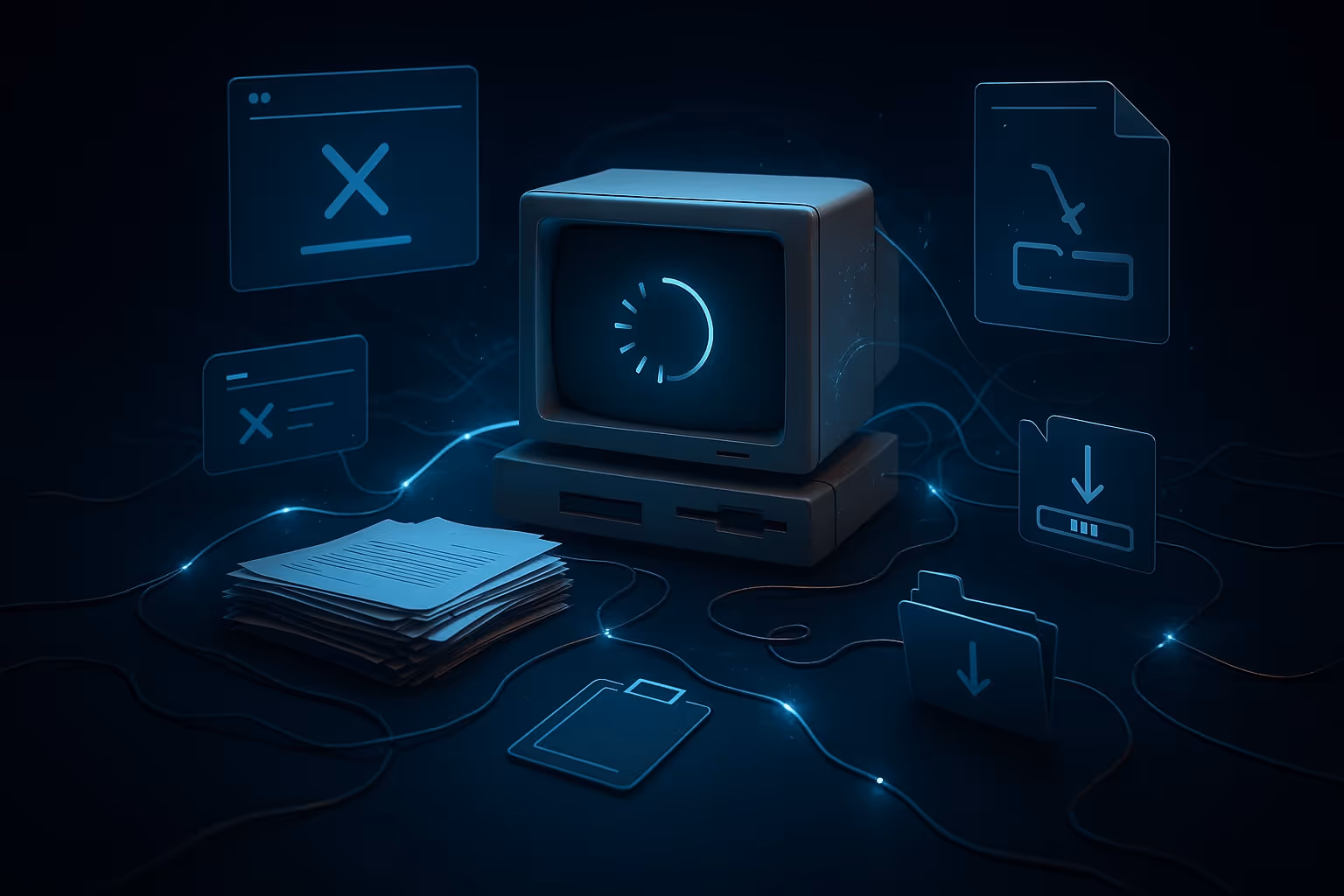 Stylized 3D rendering of a retro computer surrounded by scattered files, error symbols, and loading bars, representing a slow, fragmented research workflow.