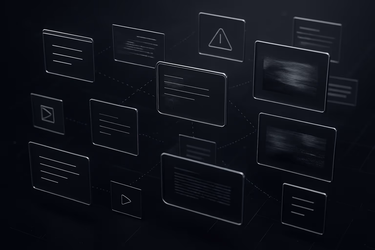 Floating panels of disjointed content—news, charts, filings—depicted in a dark interface grid, symbolizing data silos and disconnected information.
