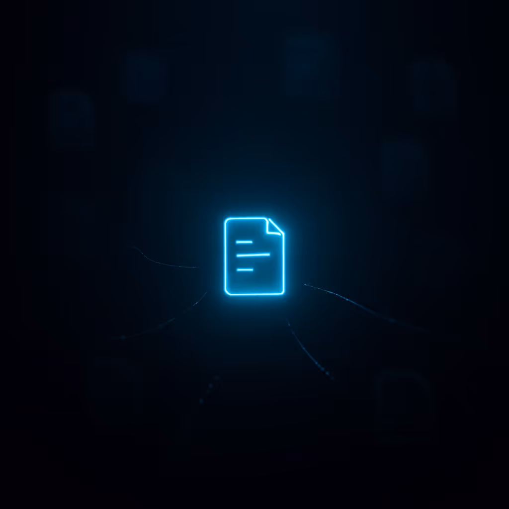 A glowing single document icon in the center of a dark space, with faint lines leading outward, illustrating lack of surrounding context or supporting information.