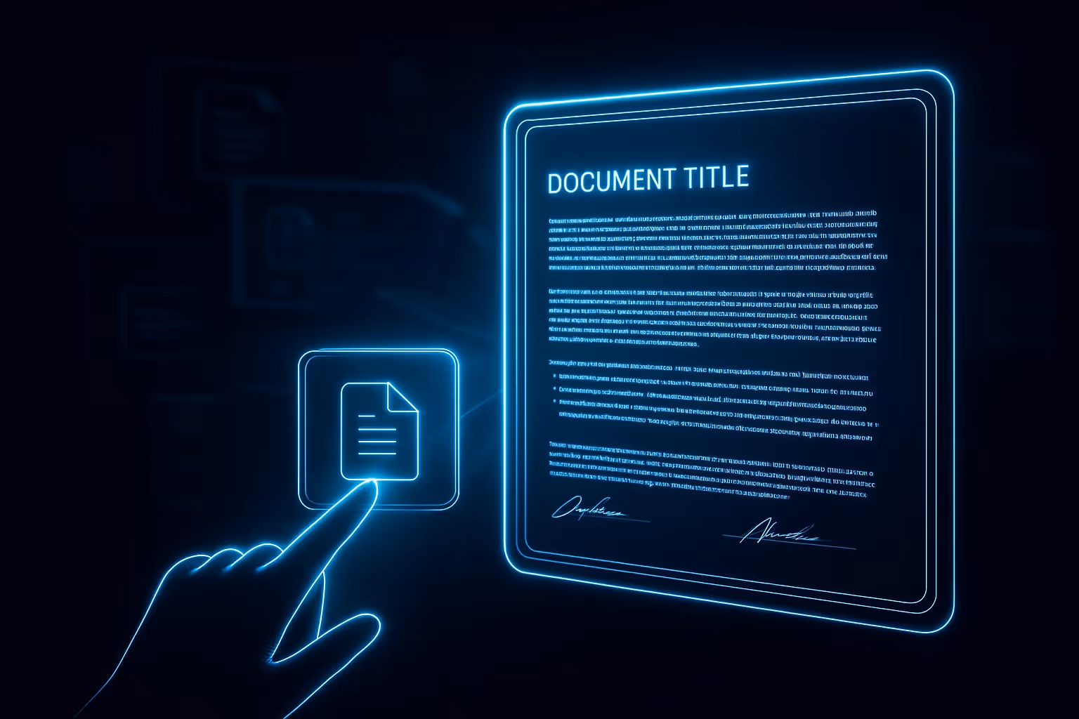 3D futuristic interface showing a digital filing being opened with a tap, representing one-click access to documents—no downloads required.