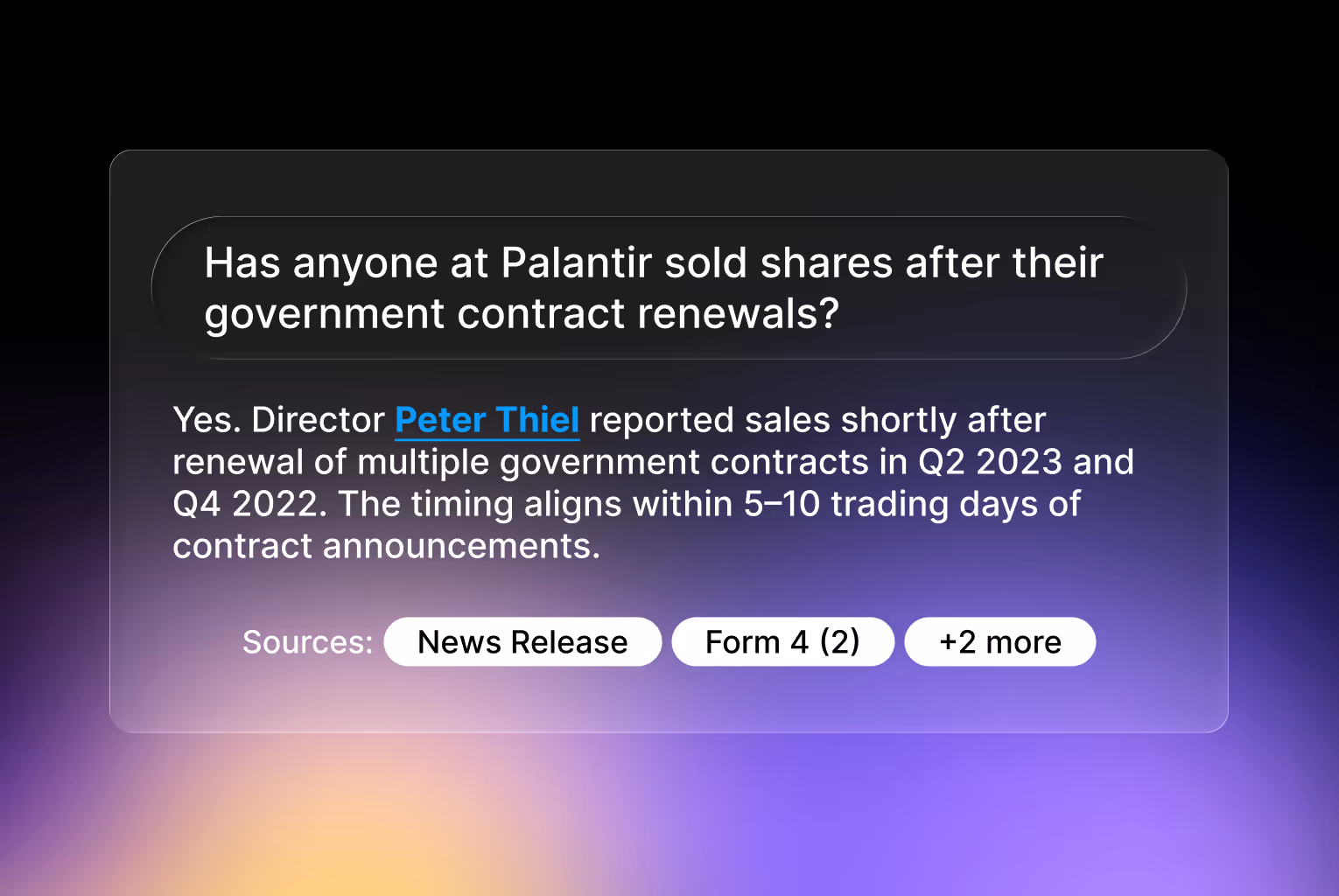 A dark card with a flashcard-style question about insider trading tied to government contracts, answered with named individuals and source tags like “News Release” and “Form 4.”