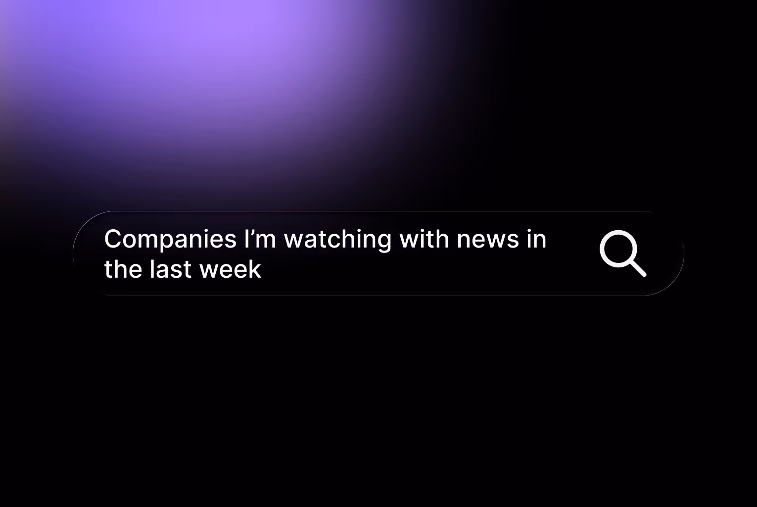 A dark card with a purple gradient showing a search input field for natural language queries like “Companies I’m watching with news in the last week,” with a “Coming Soon” badge above.
