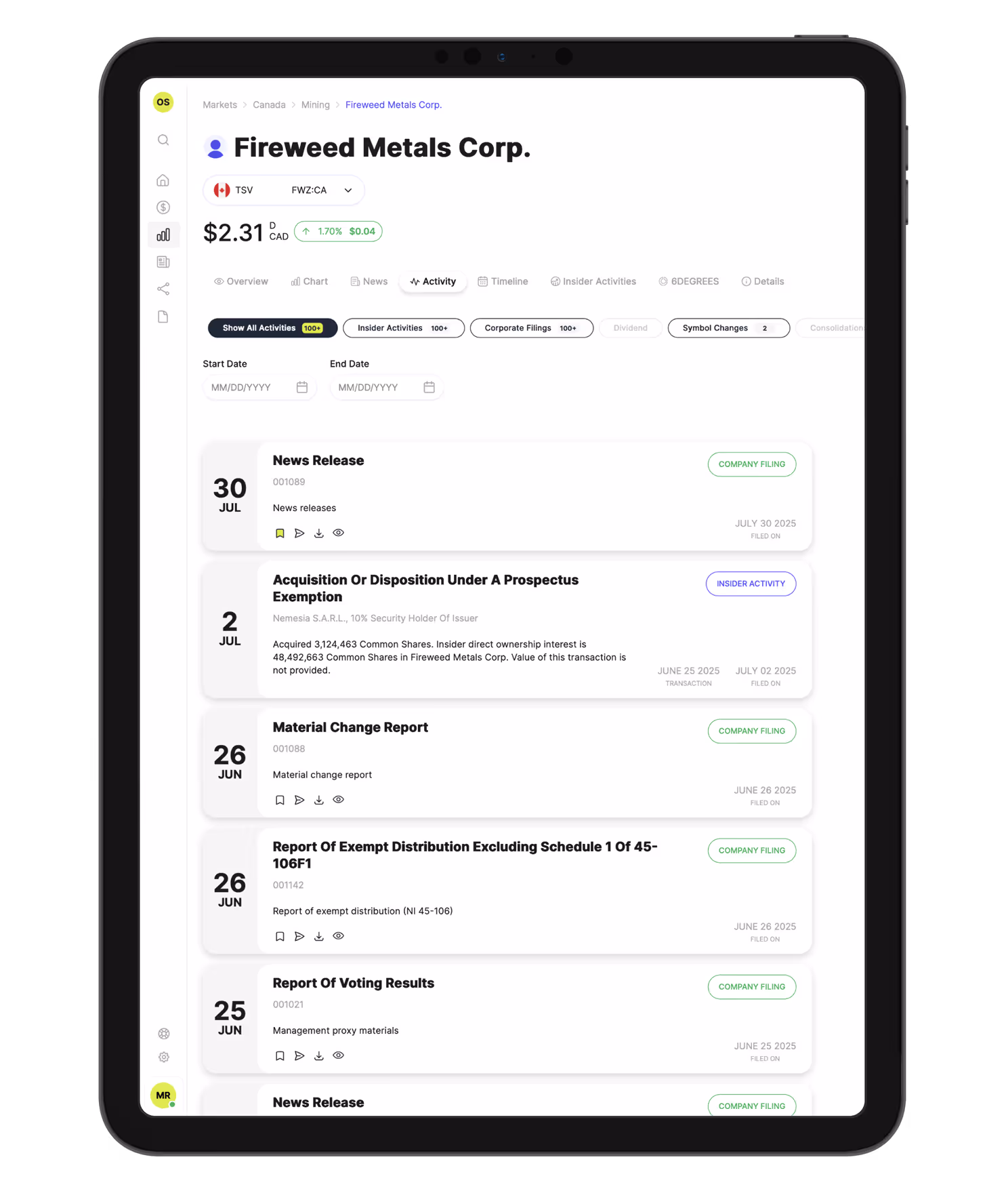 Tablet displaying the Accreditex Activity Feed interface for Fireweed Metals Corp., showing a real-time chronological list of regulatory filings like news releases, material change reports, and insider transactions from SEDAR and EDGAR.