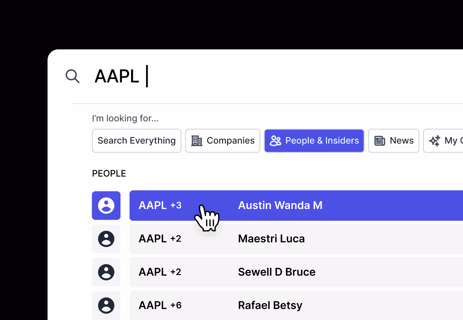 Accreditex’s search interface showing insider results for “AAPL”, including contextual data on Austin Wanda M, Maestri Luca, and Sewell D Bruce, with visual indicators for additional roles and positions held.