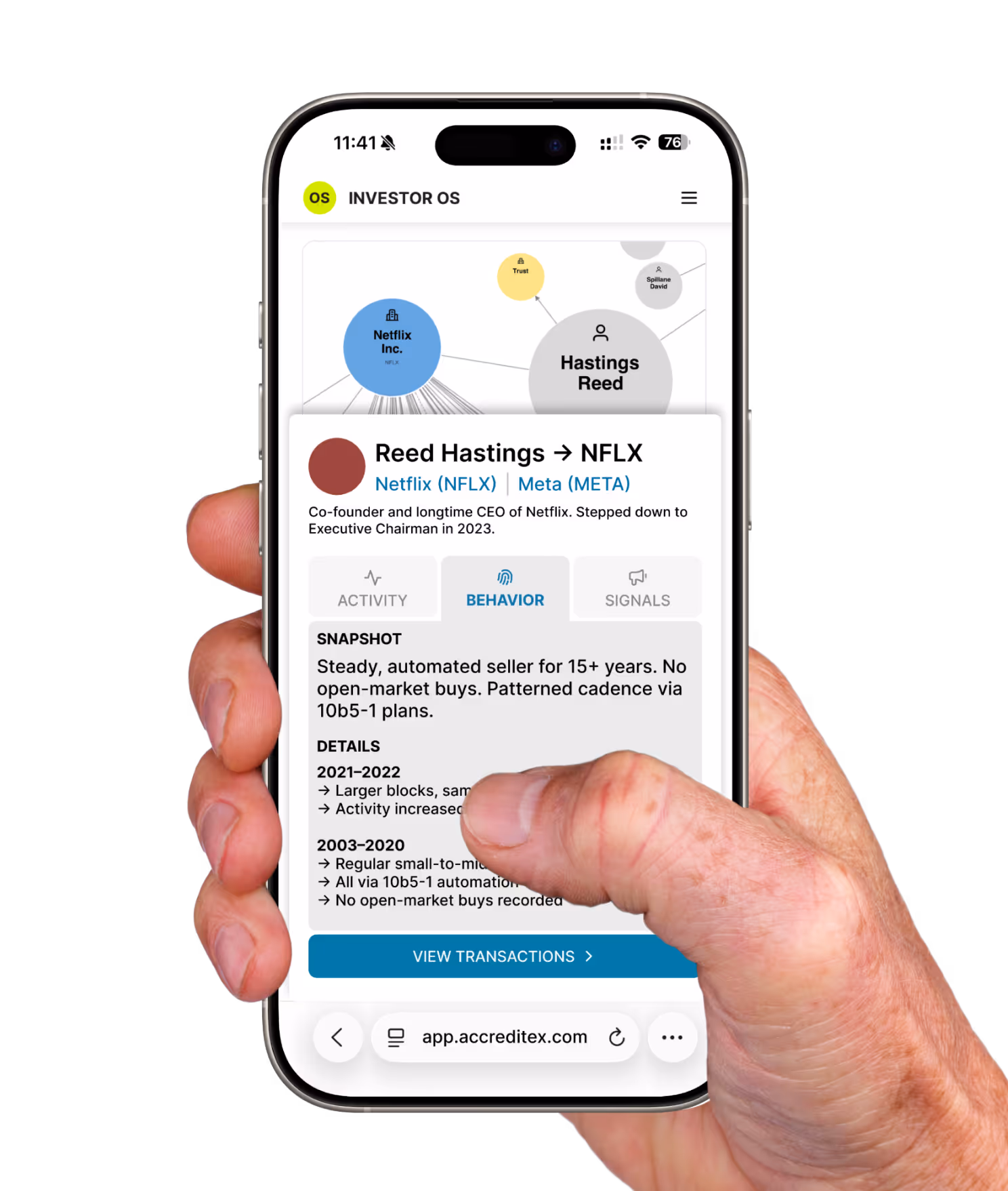 Hand holding a smartphone showing the Accreditex Insight Engine interface with a behavioral summary for Reed Hastings, including linked entities (Netflix and Meta), transaction history, and a plain-language snapshot of insider activity patterns over time.