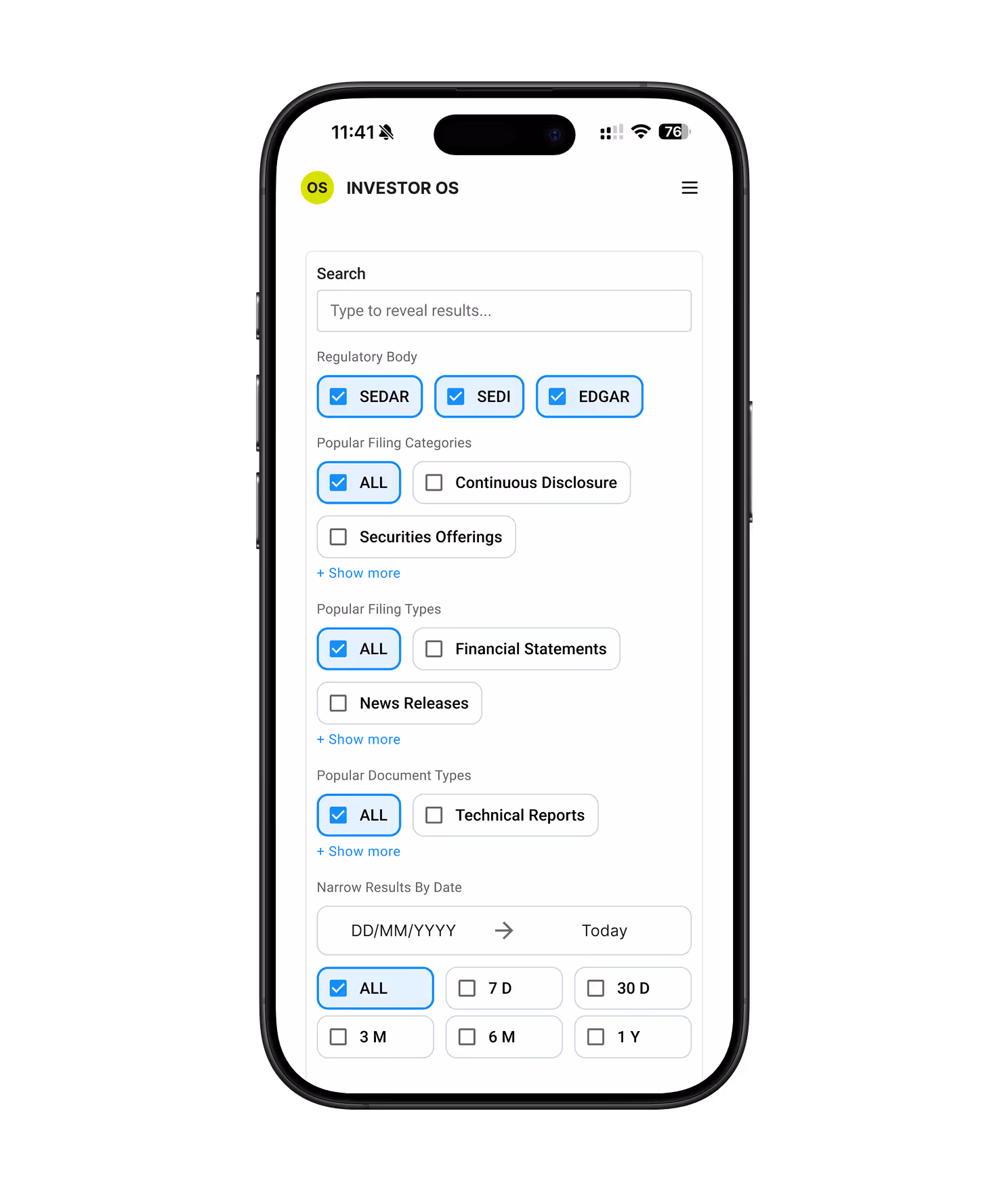 Smartphone showing the Accreditex document search interface with filters for EDGAR, SEDAR, and SEDI filings, including checkboxes for form types, date ranges, and document categories like financial statements and technical reports.