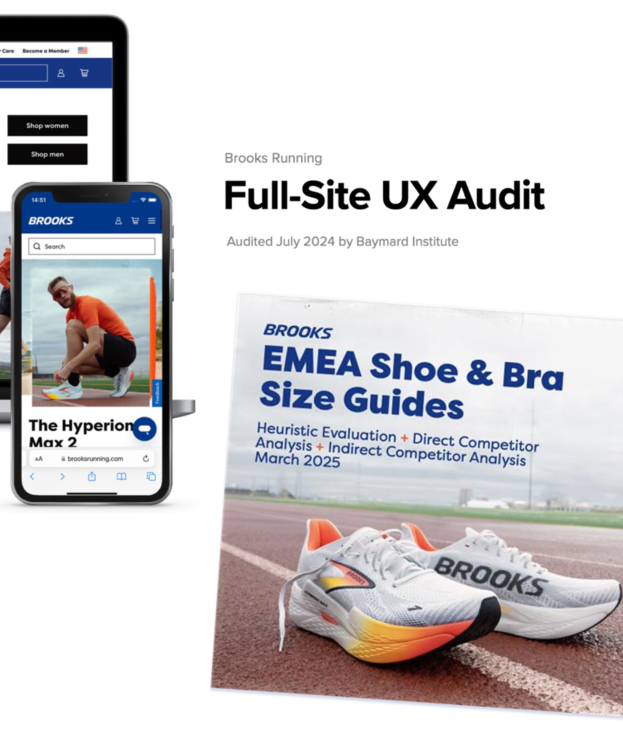 Usability audit image displaying mockup of Brooks Inc home page and a slide deck on shoe and bra size guides.