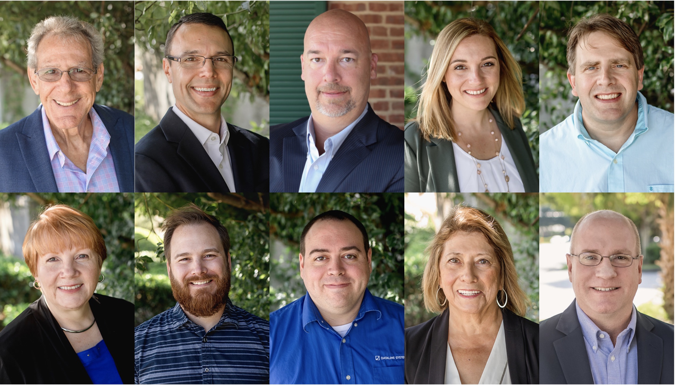 Portrait collage of ten smiling professionals, five men and five women, in business and casual attire against outdoor natural backgrounds.