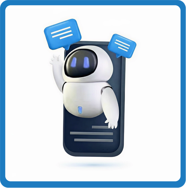 3D robot character emerging from a smartphone screen with two blue chat bubbles above it.