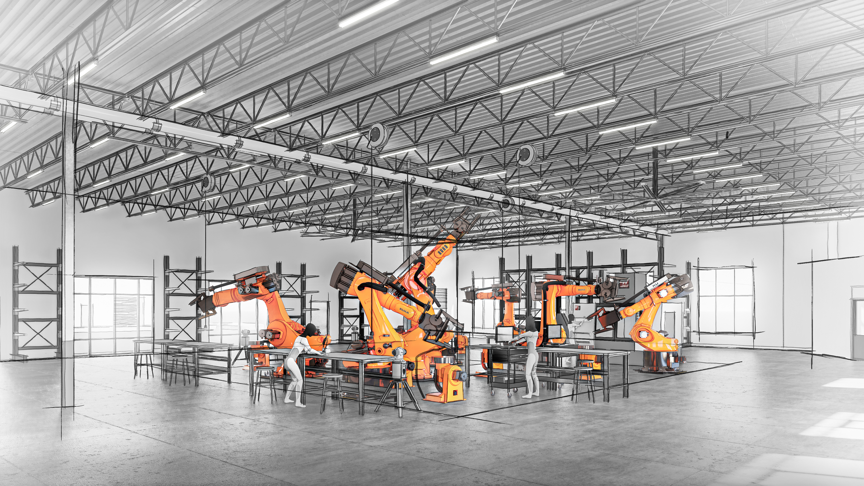 A large industrial facility featuring orange robotic arms working on assembly lines. The setting is modern, spacious, and well-lit, conveying efficiency.