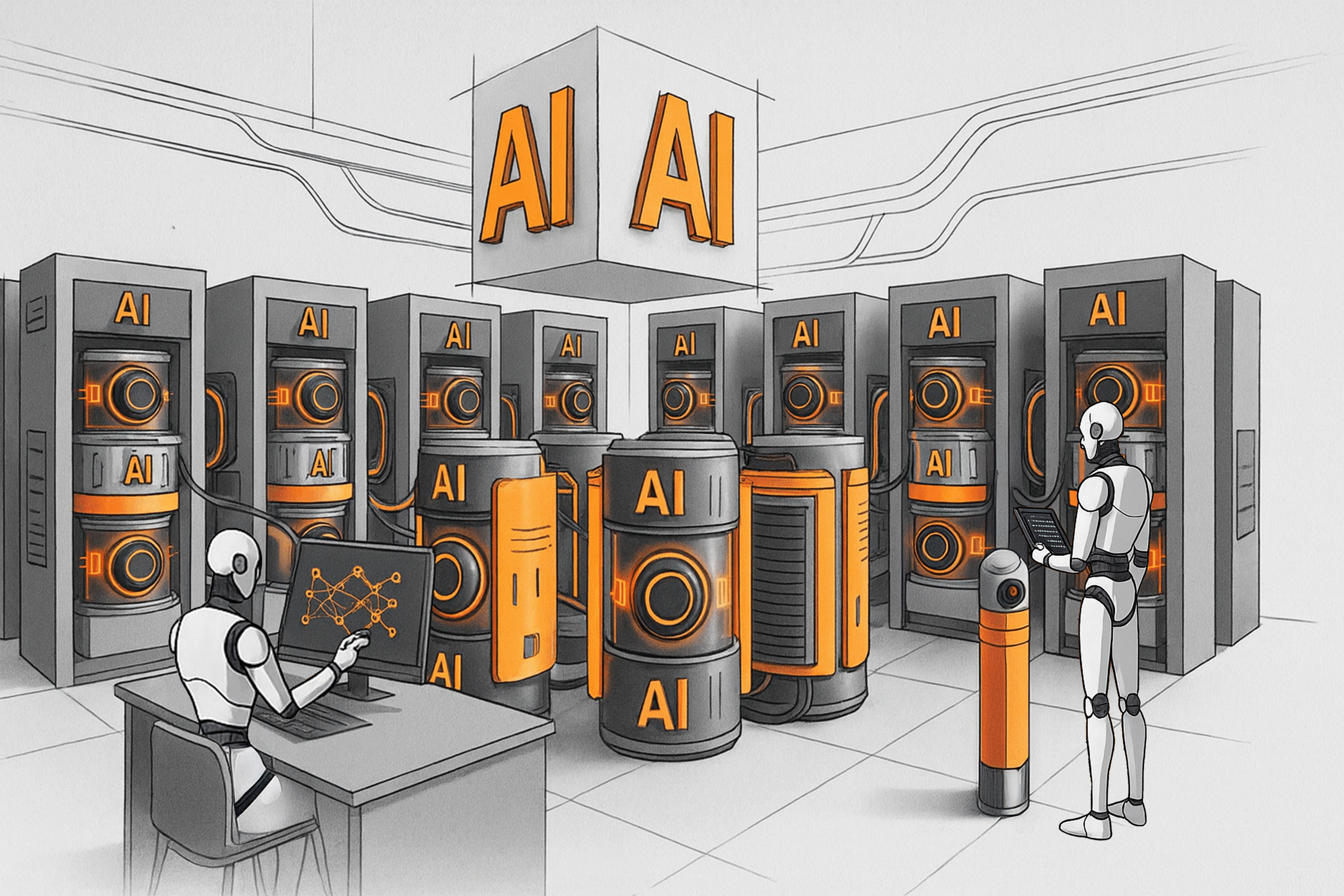 Robots in a futuristic control room filled with AI servers. One robot sits at a desk interacting with a screen, while another stands holding a tablet.