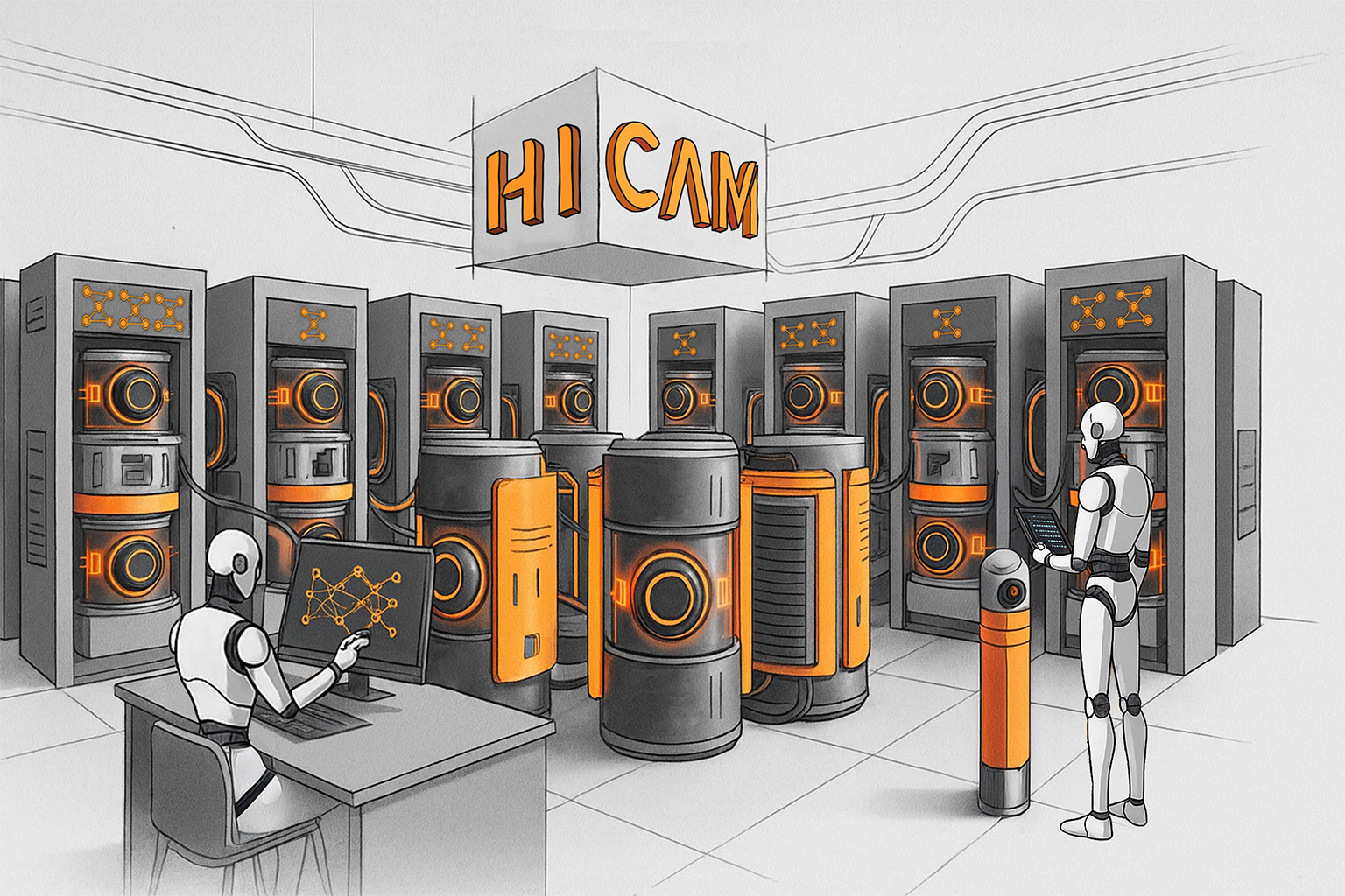 Robots in a futuristic control room filled with AI servers. One robot sits at a desk interacting with a screen, while another stands holding a tablet.