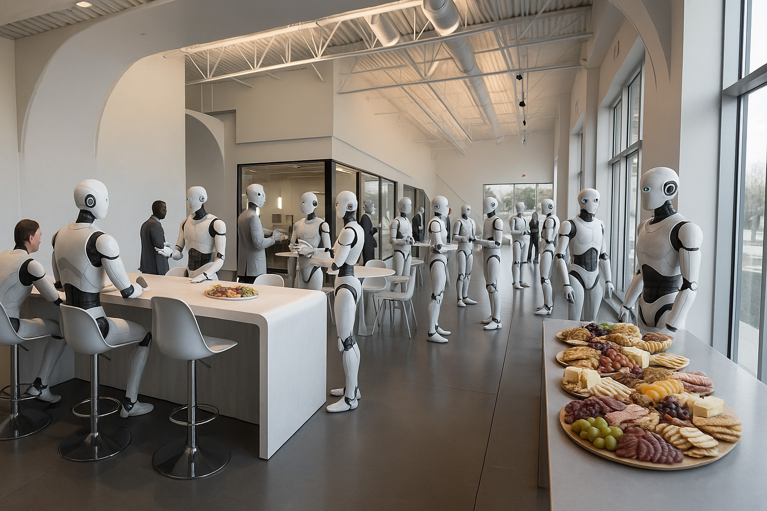A futuristic cafeteria with humanoid robots interacting and standing in line. 