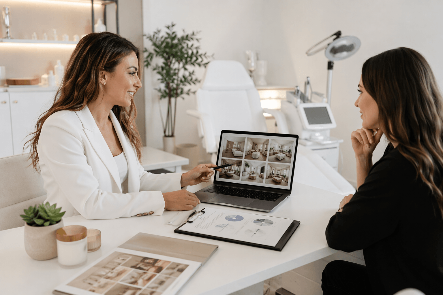 Medspa consultant guiding a new clinic owner through business setup and planning in the United States