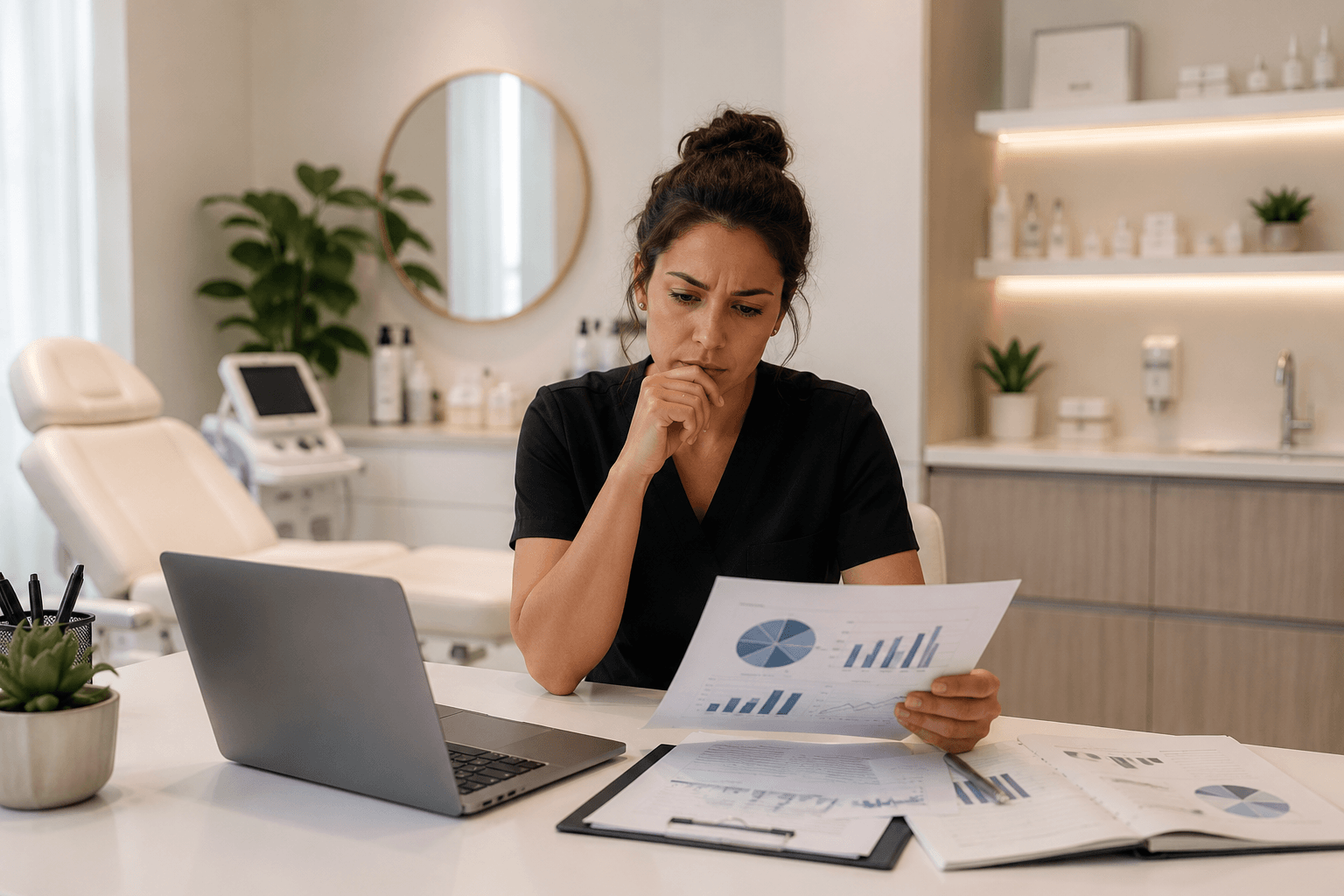 Medspa owner reviewing performance metrics to determine need for aesthetic consulting in the United States