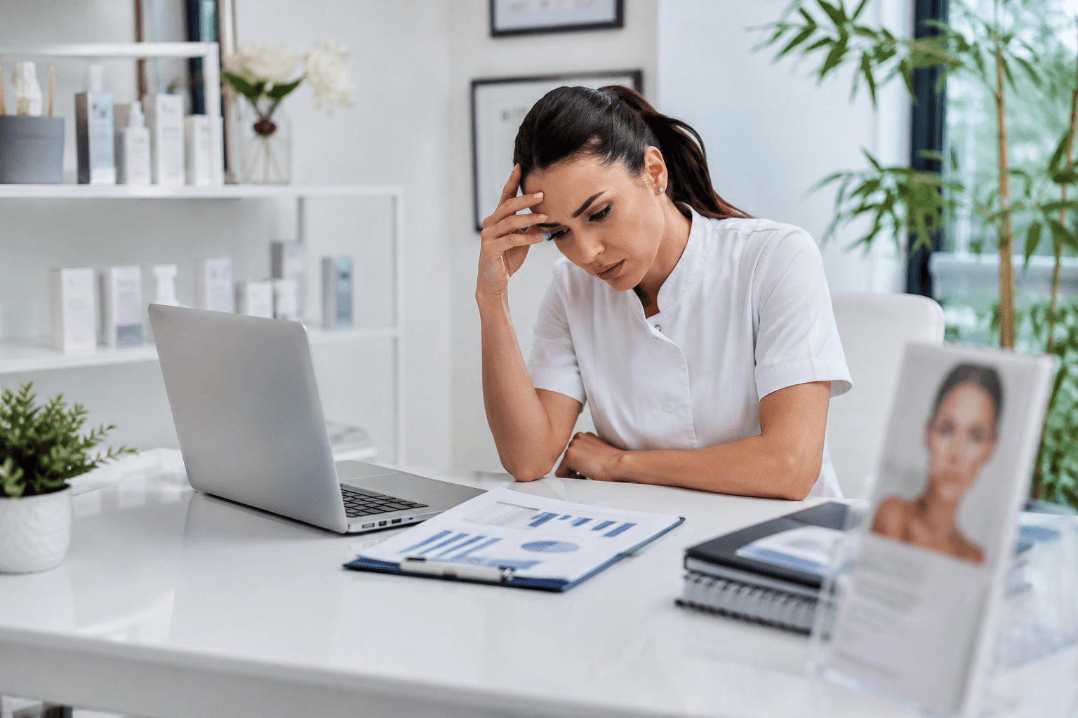 Med spa owner reviewing business performance and growth strategy in California clinic