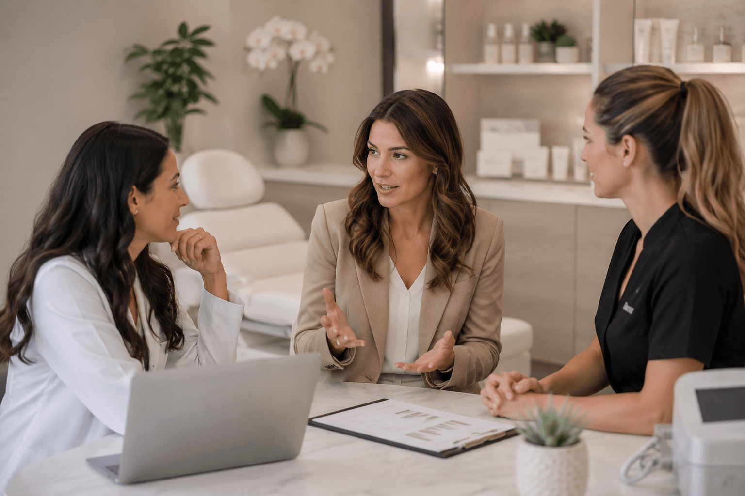 Aesthetic consultant guiding a medspa team through business strategy and growth planning in a modern clinic setting