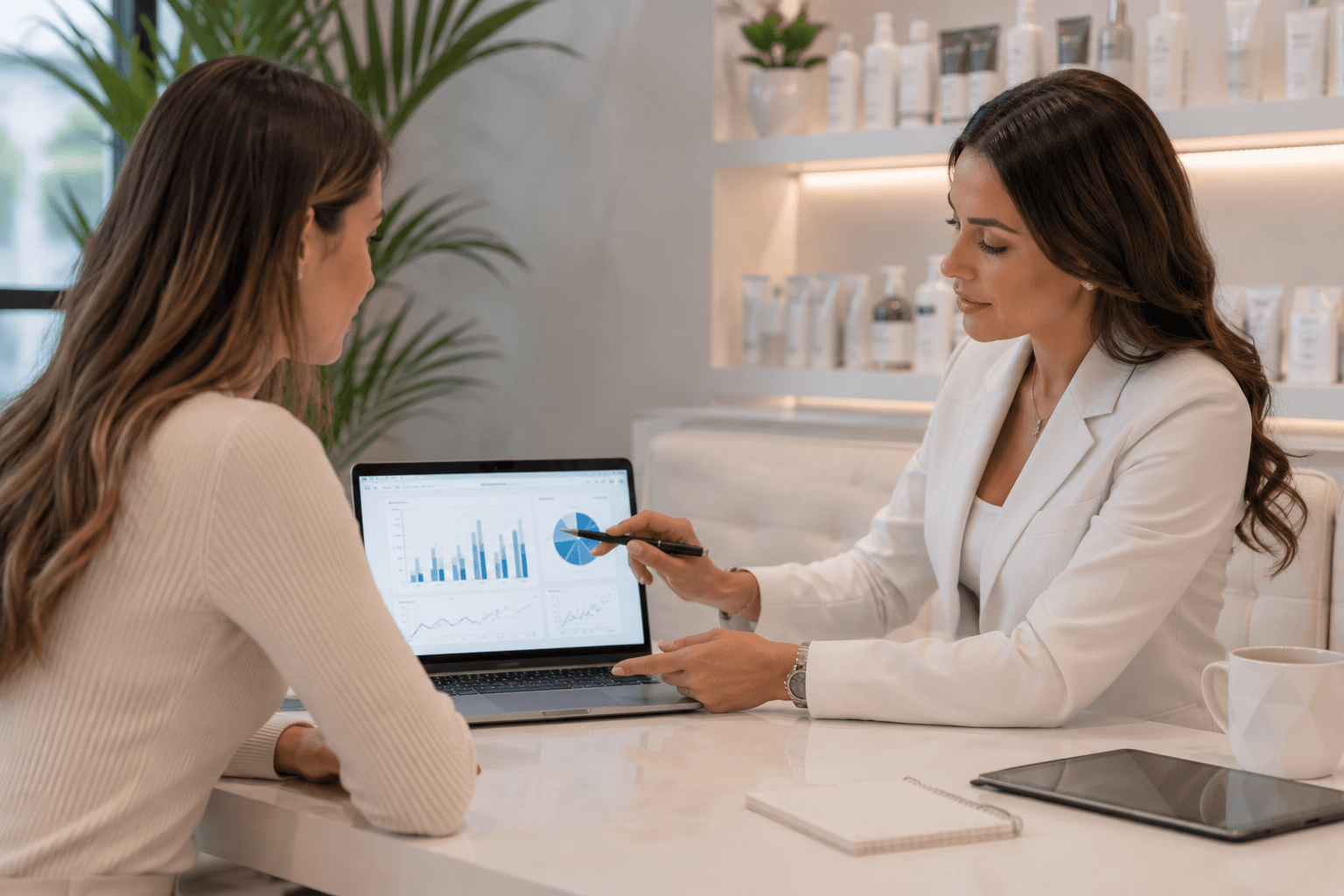 Medical aesthetic consultant reviewing growth strategy with a medspa owner in the United States