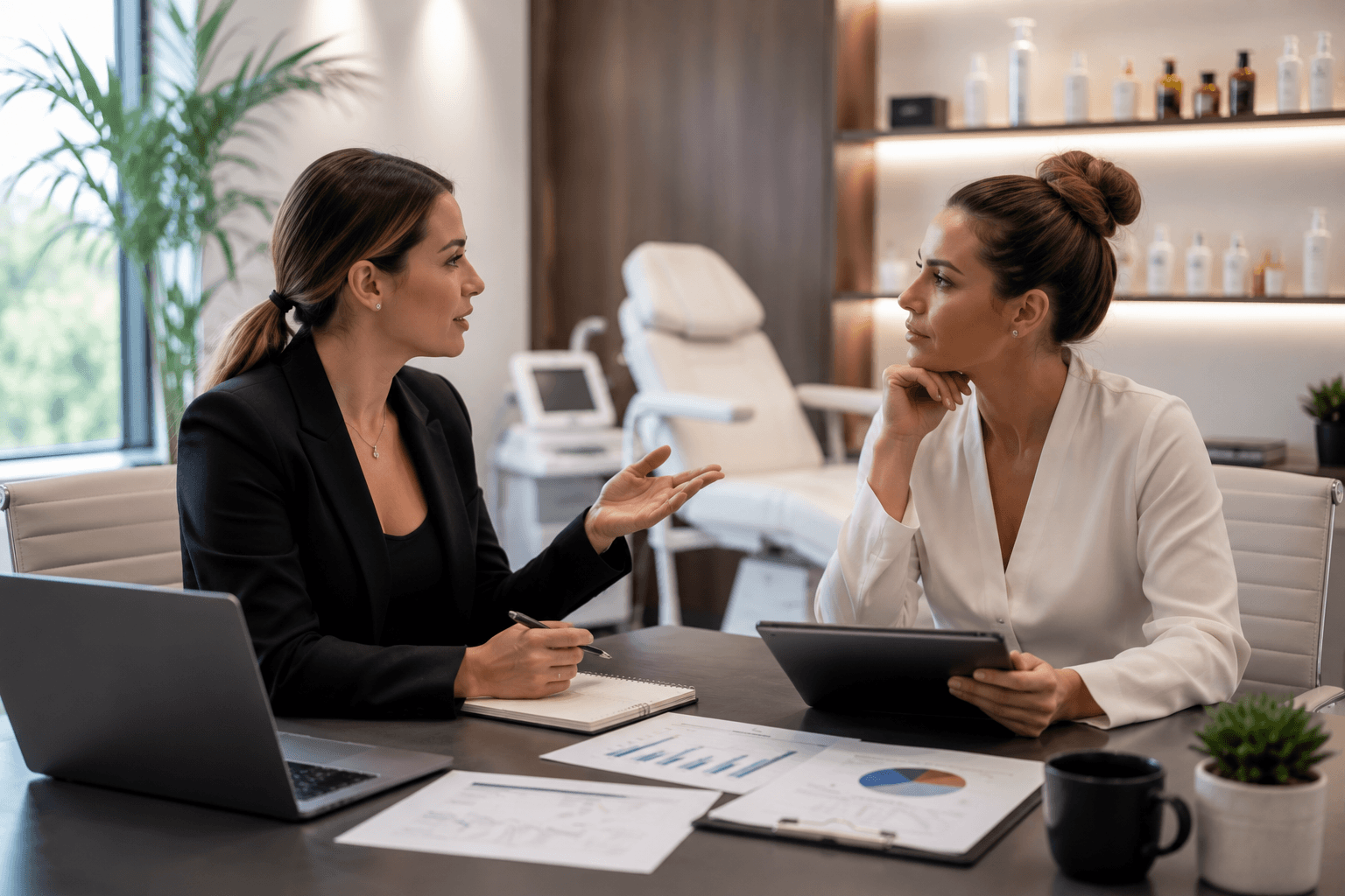 Medspa owner reviewing operational consulting solutions and SOPs with a business advisor