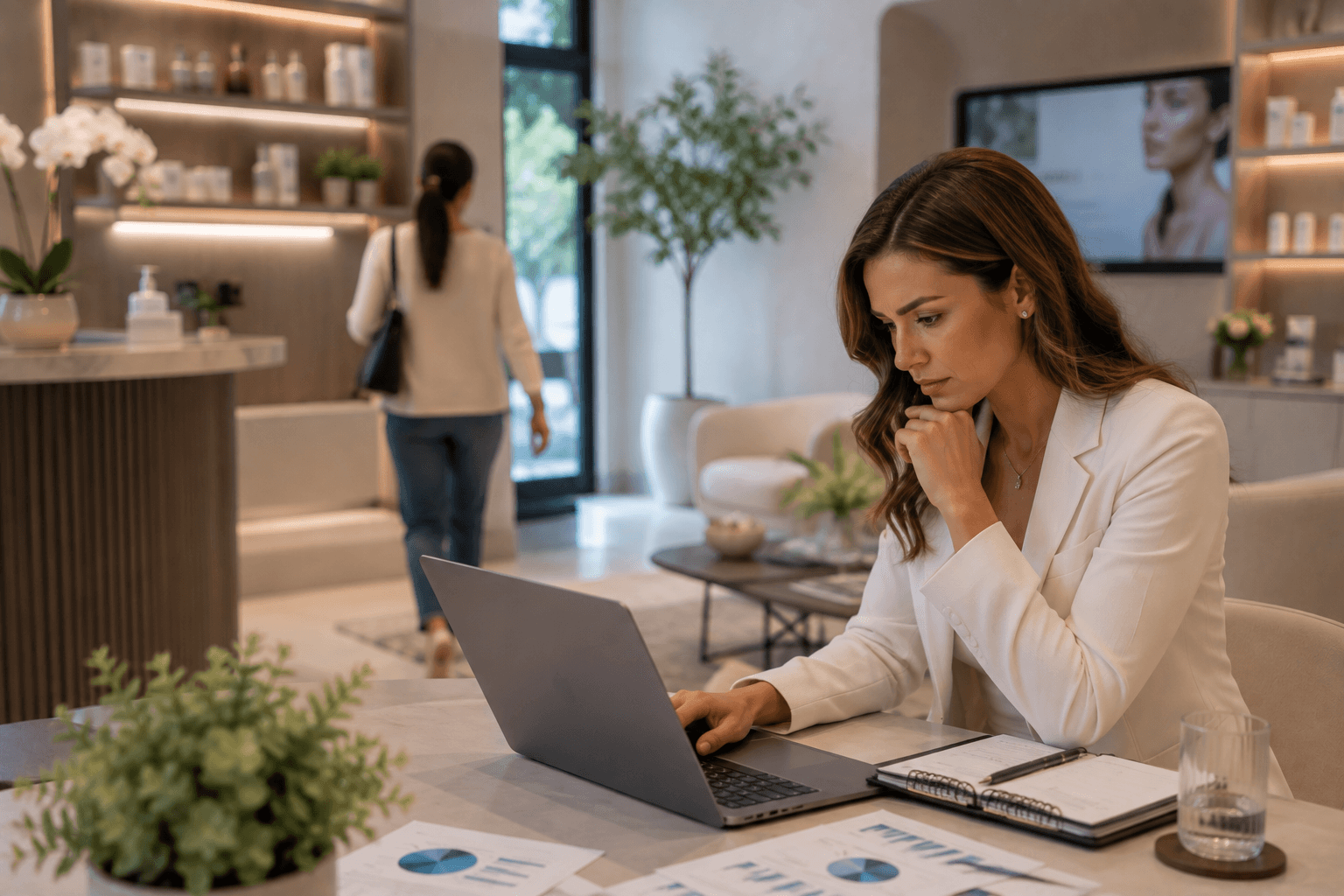 Medspa front desk staff reviewing a patient retention and rebooking system
