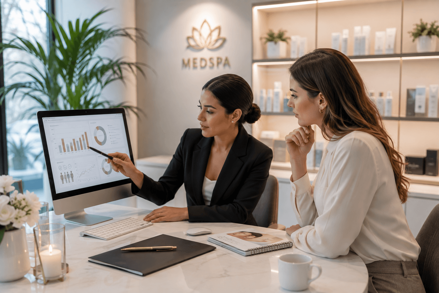 Medspa owner reviewing growth strategy with a consulting team