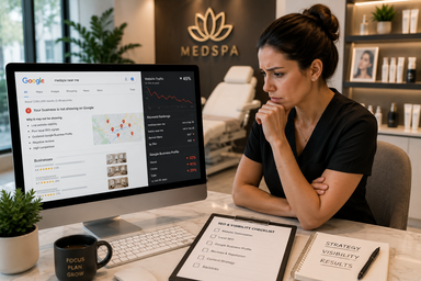 Medspa digital marketing dashboard showing search ranking and lead data