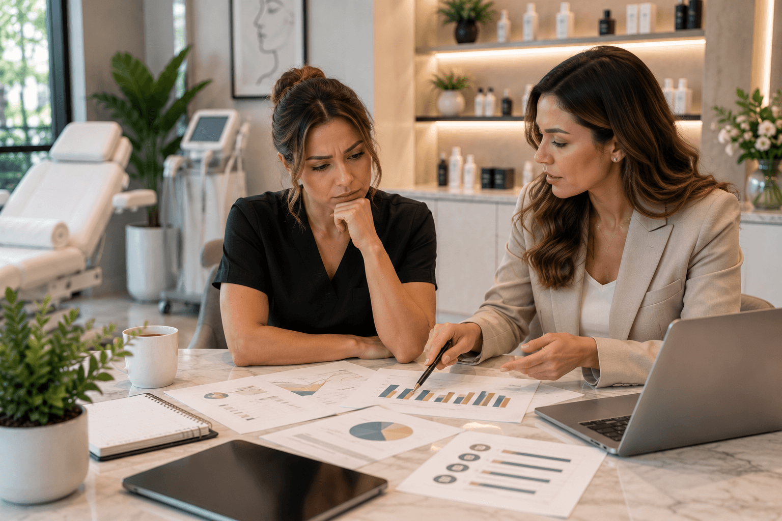 Medspa owner and consultant reviewing a growth plan together