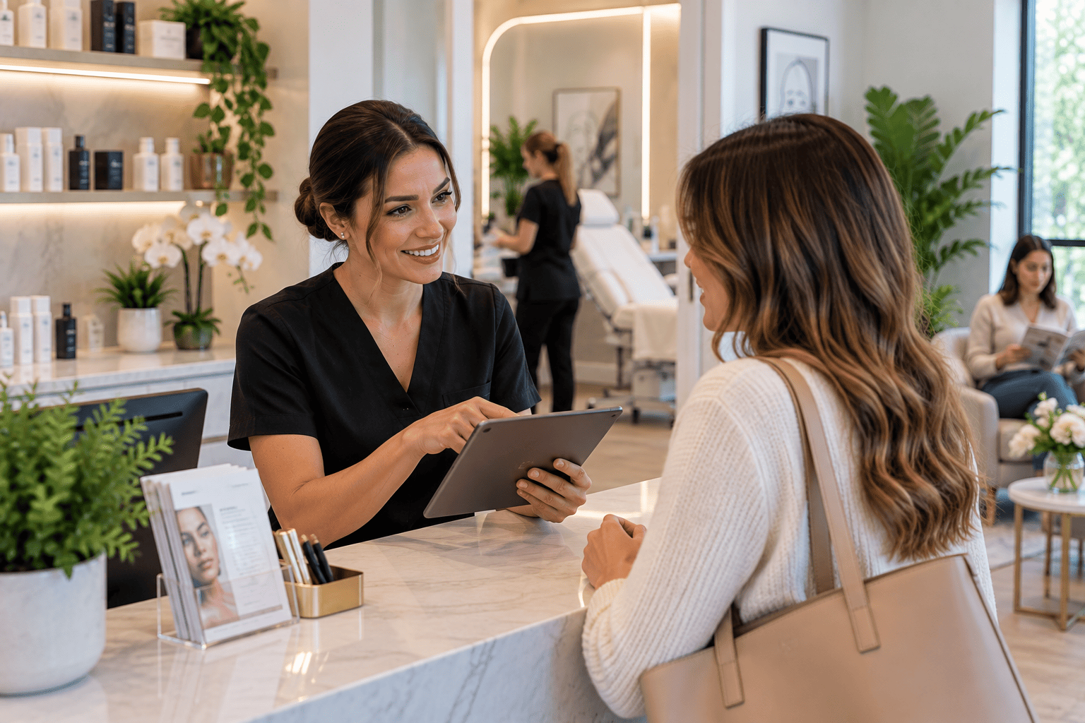 Medspa owner reviewing website traffic and online booking data with a medical aesthetic consultant in the United States