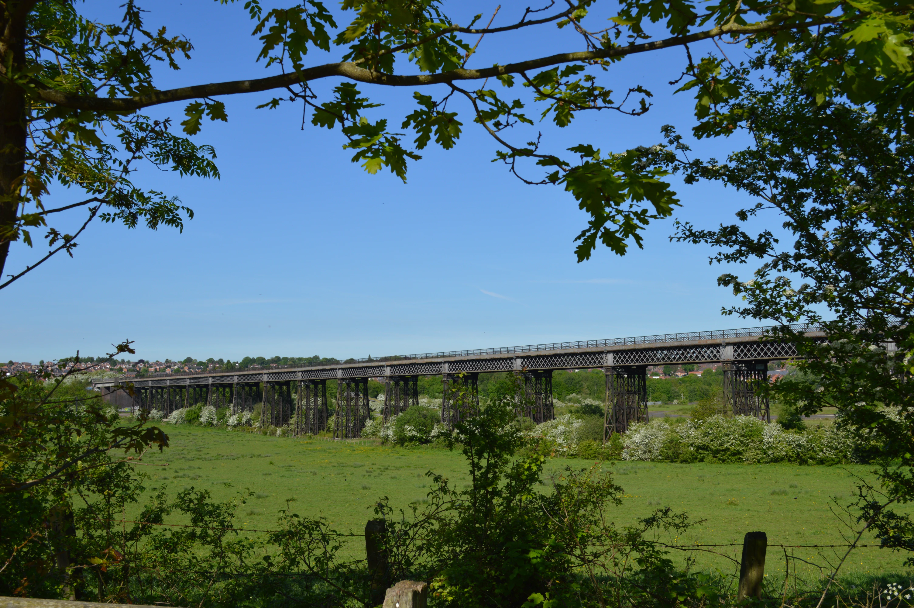 Long iron viaduct spanning a green field with trees framing the view under a clear blue sky.