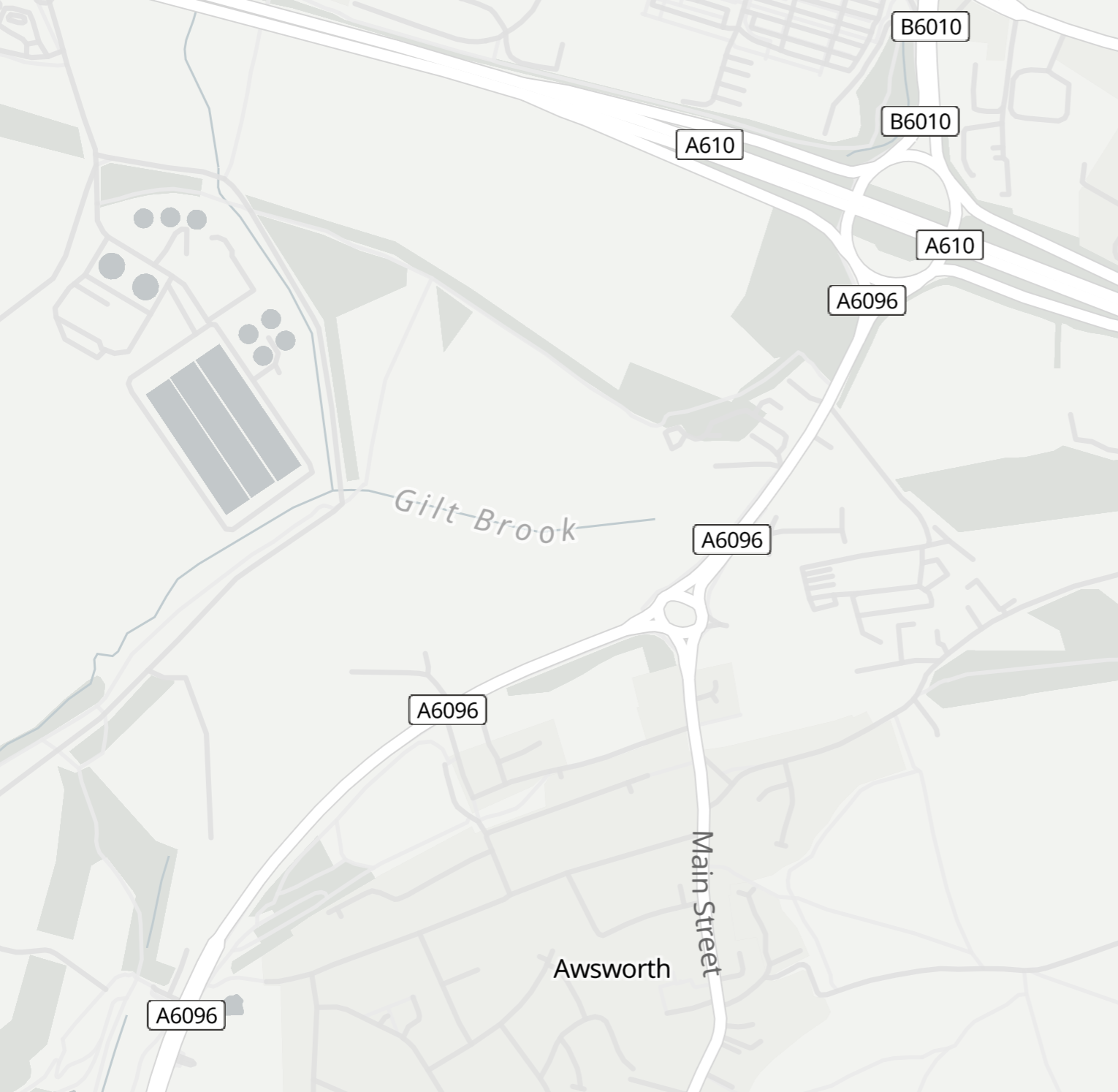 Map showing the area around Awsworth, including roads A6096, A610, B6010, and Main Street, with the Gilt Brook waterway.
