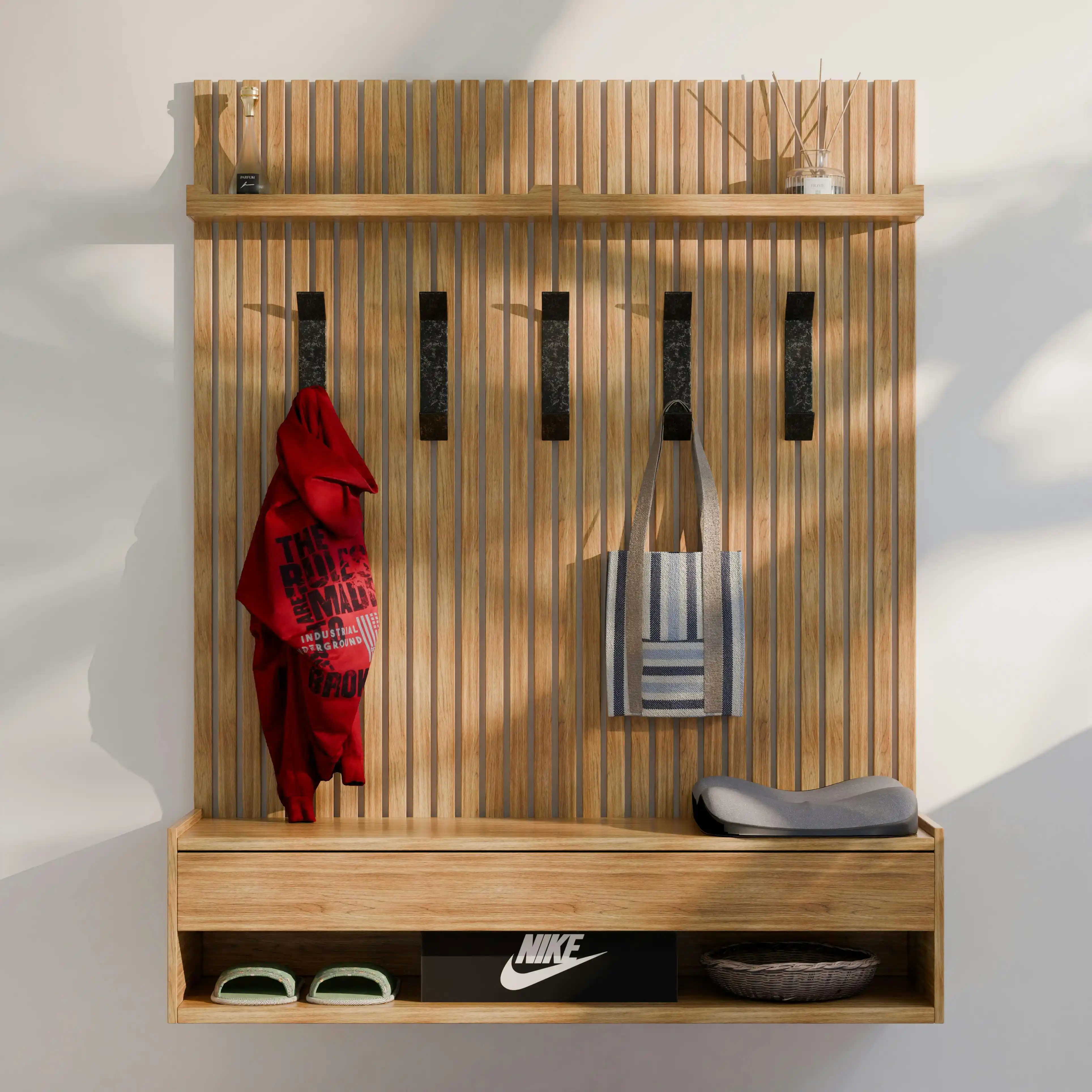 Mudroom entryway bench hooks storage renovation