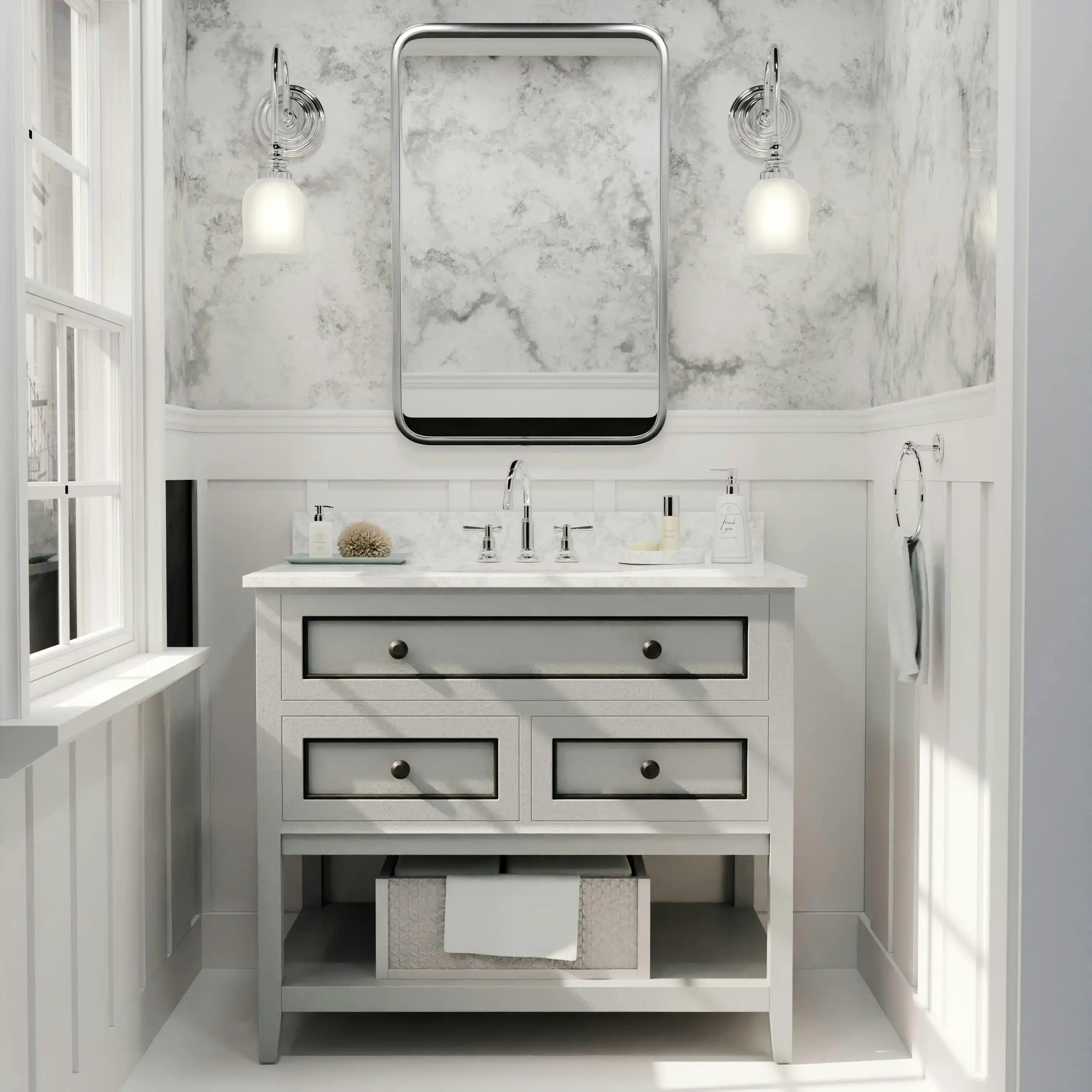 Bathroom wainscoting modern white renovation Surrey White Rock BC