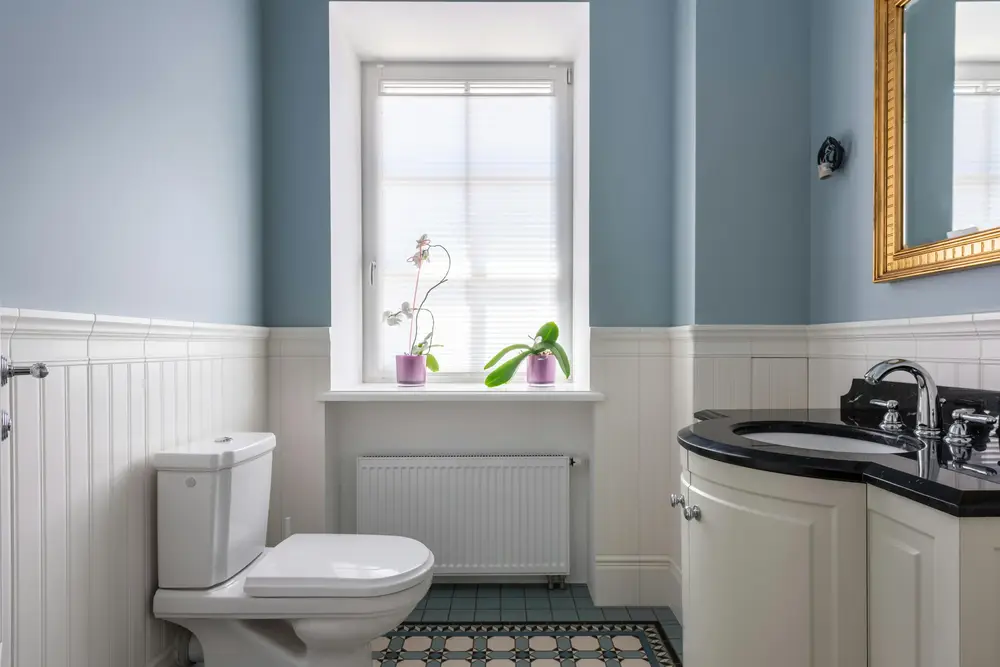 Beadboard wainscoting bathroom white classic renovation Surrey BC