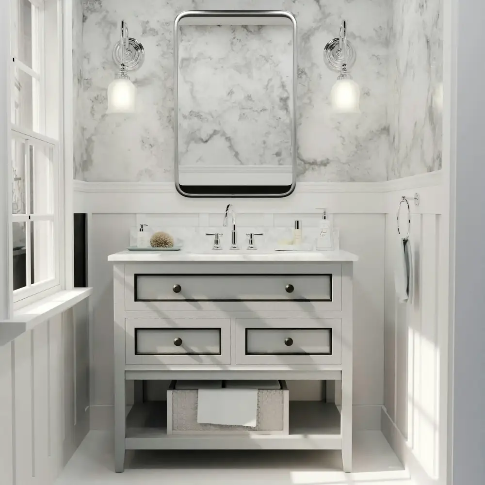 Bathroom wainscoting modern white renovation Surrey White Rock BC