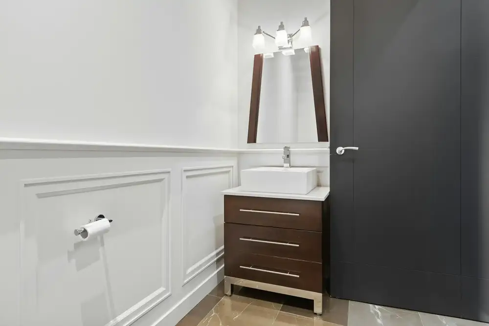 Bathroom wainscoting modern white renovation Surrey White Rock BC
