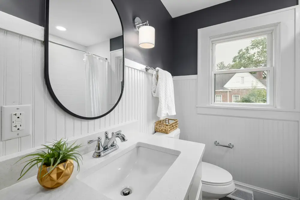 Bathroom wainscoting modern white renovation Surrey White Rock BC