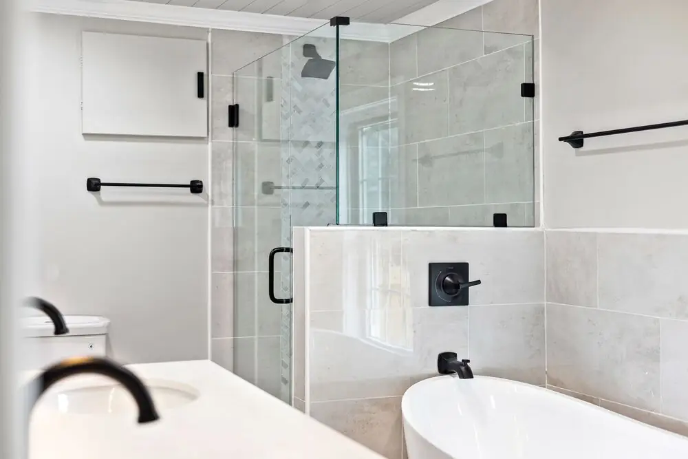 Curbless shower large format tile Langley BC bathroom renovation