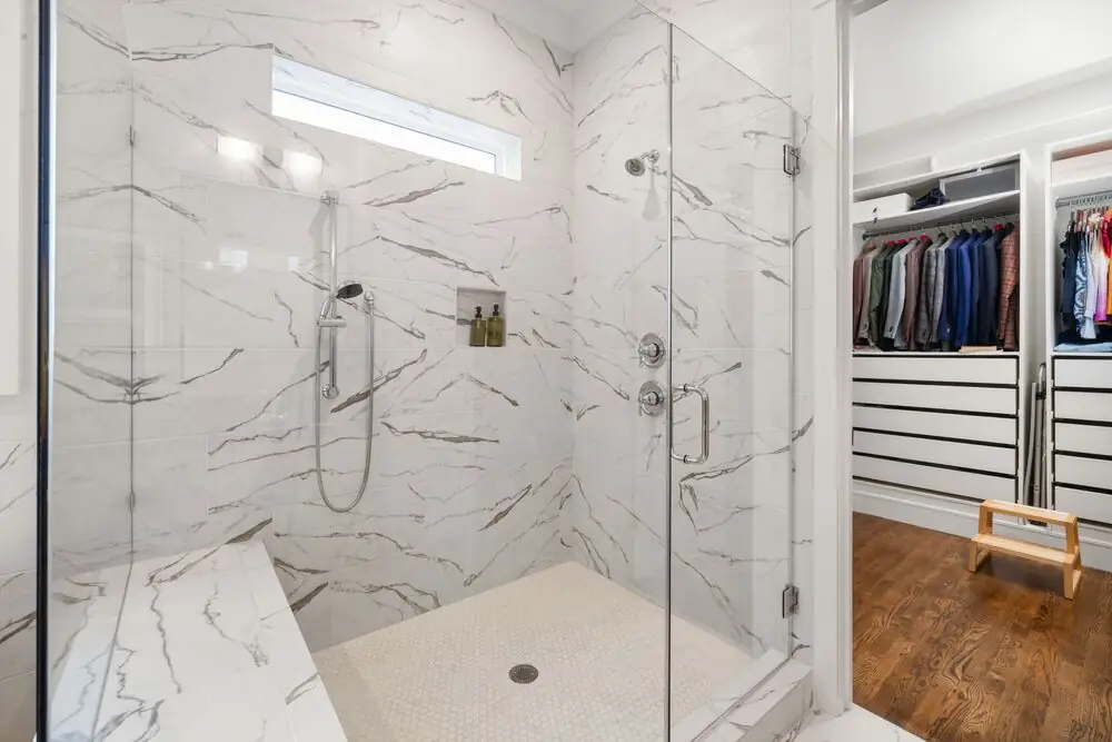 Accessible bathroom shower bench warm tile Surrey White Rock Langley BC 2026