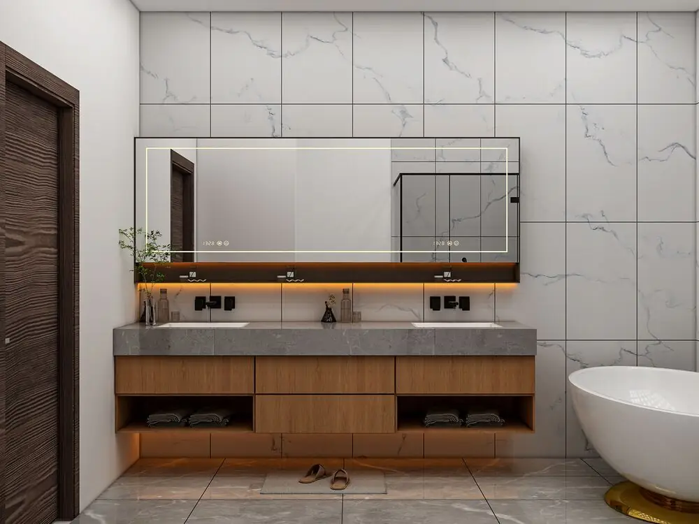 Double vanity bathroom floating modern renovation Surrey White Rock BC