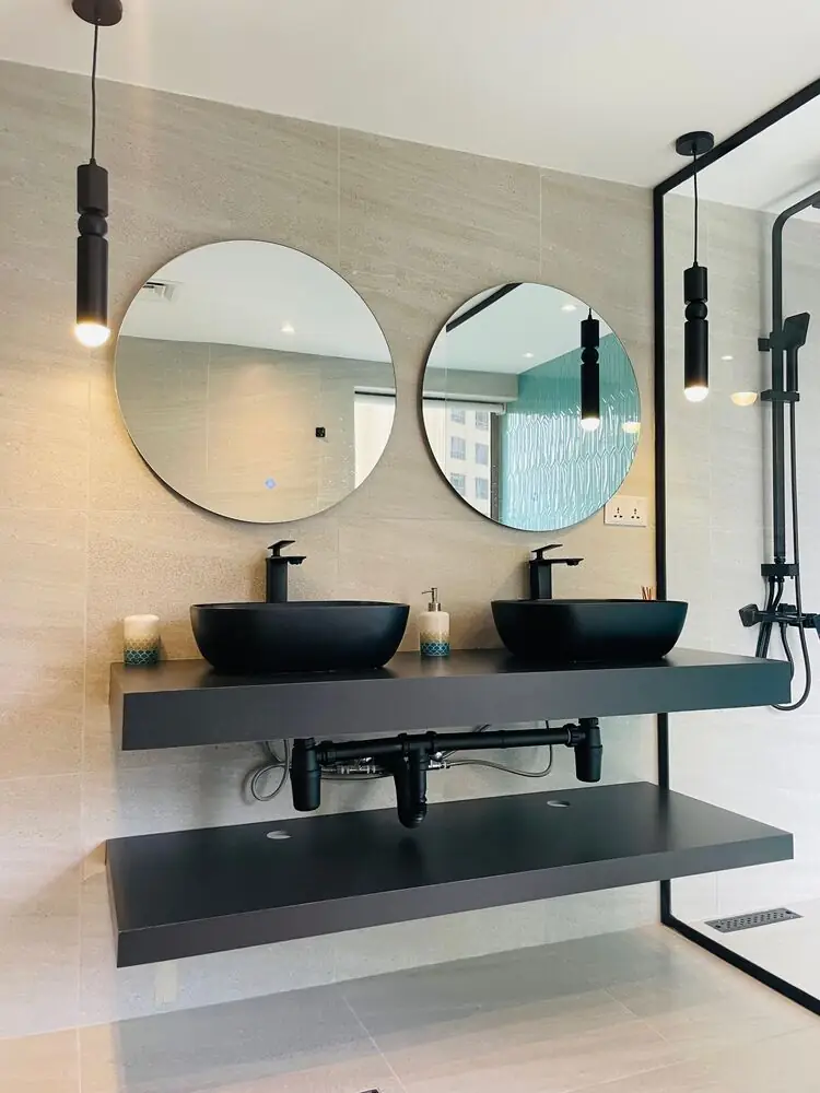 Double vanity bathroom floating modern renovation Surrey White Rock BC