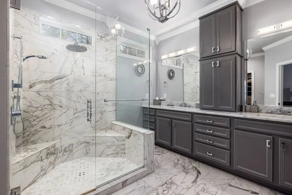 Master ensuite renovation curbless shower double vanity Surrey White Rock Langley BC 2026