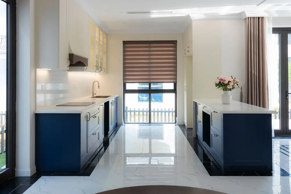 Navy blue kitchen island two-tone cabinet renovation Surrey White Rock Langley BC 2026