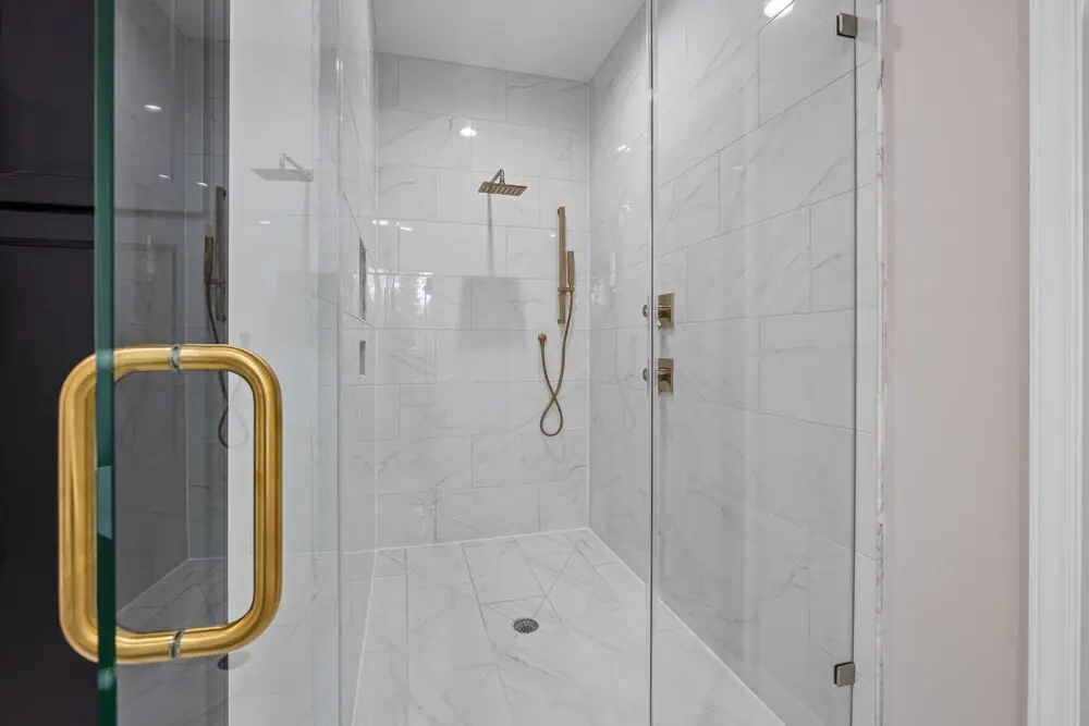 Walk-in shower curbless modern large format tile Surrey White Rock Langley BC 2026